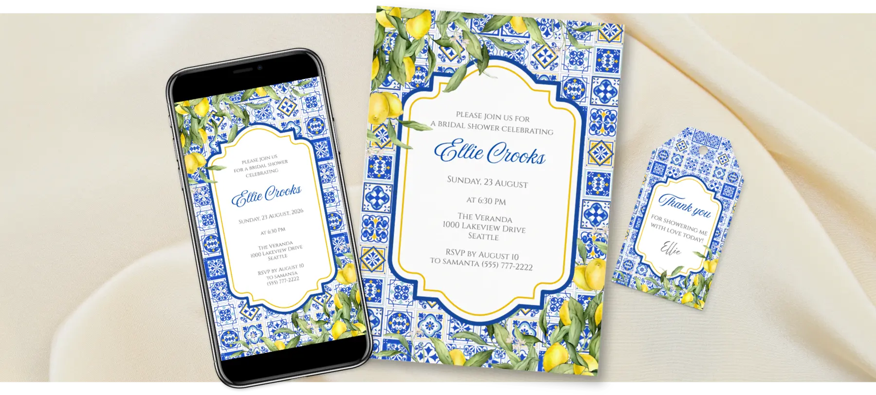 Amalfi lemons and blue tiles bridal shower invitation, shown printed, on a phone and as a favor tag
