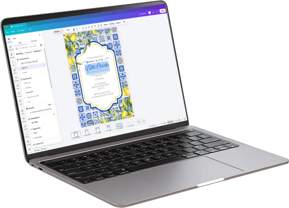 An invitation design open in the Canva editor on a laptop