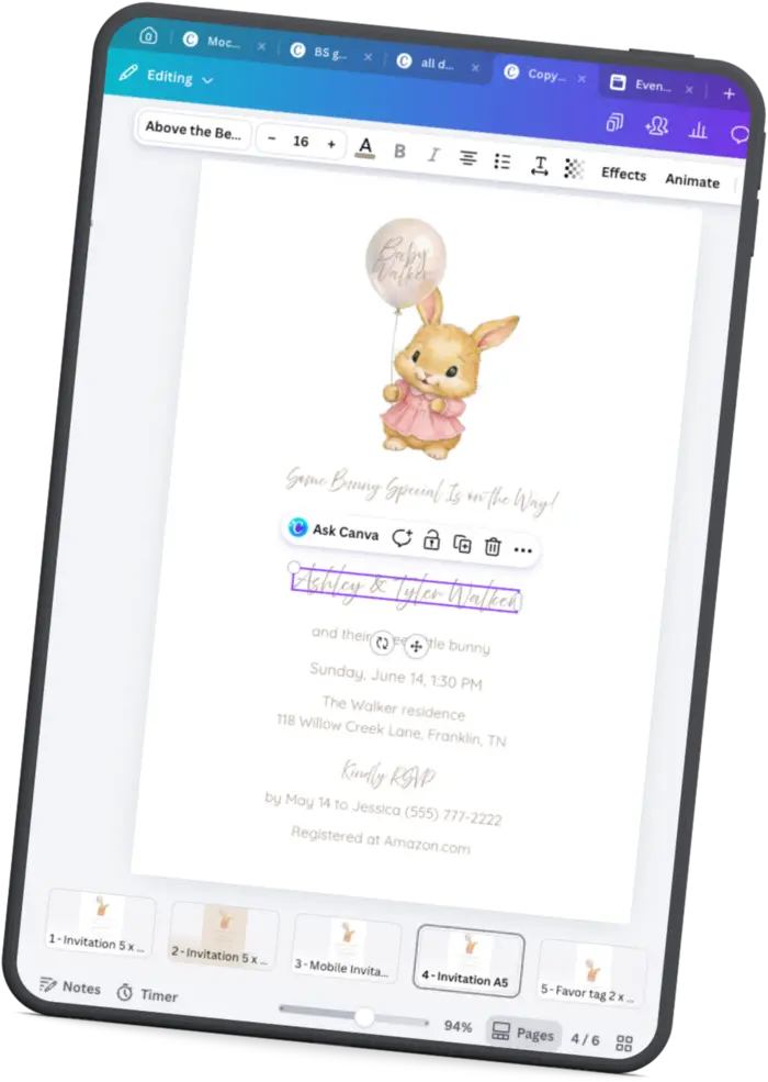 An invitation design open in the Canva editor on a tablet